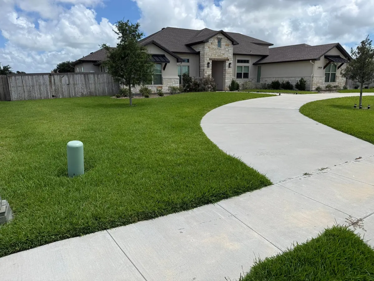 A mowed front lawn wrapping a curved concrete driveway at a stone-front home