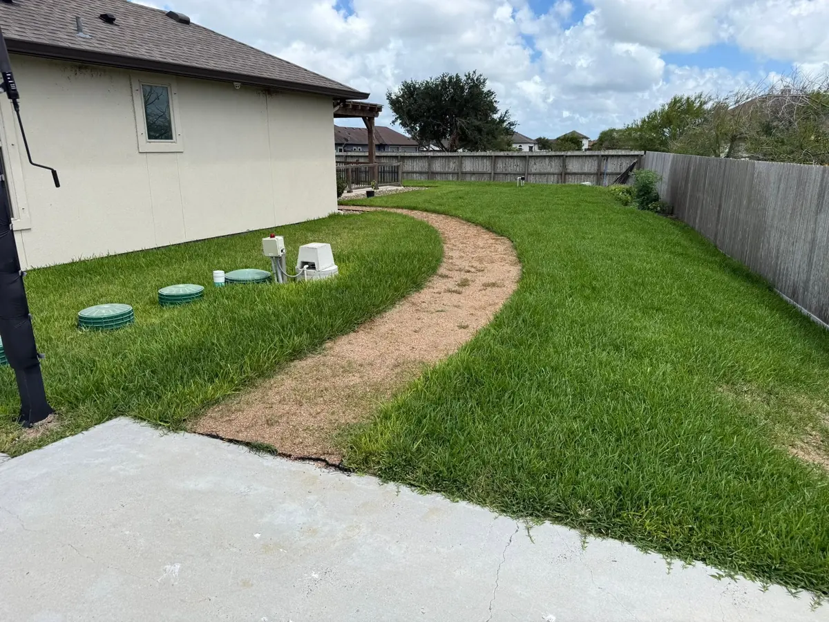 A backyard landscape install with a curving granite path through fresh sod