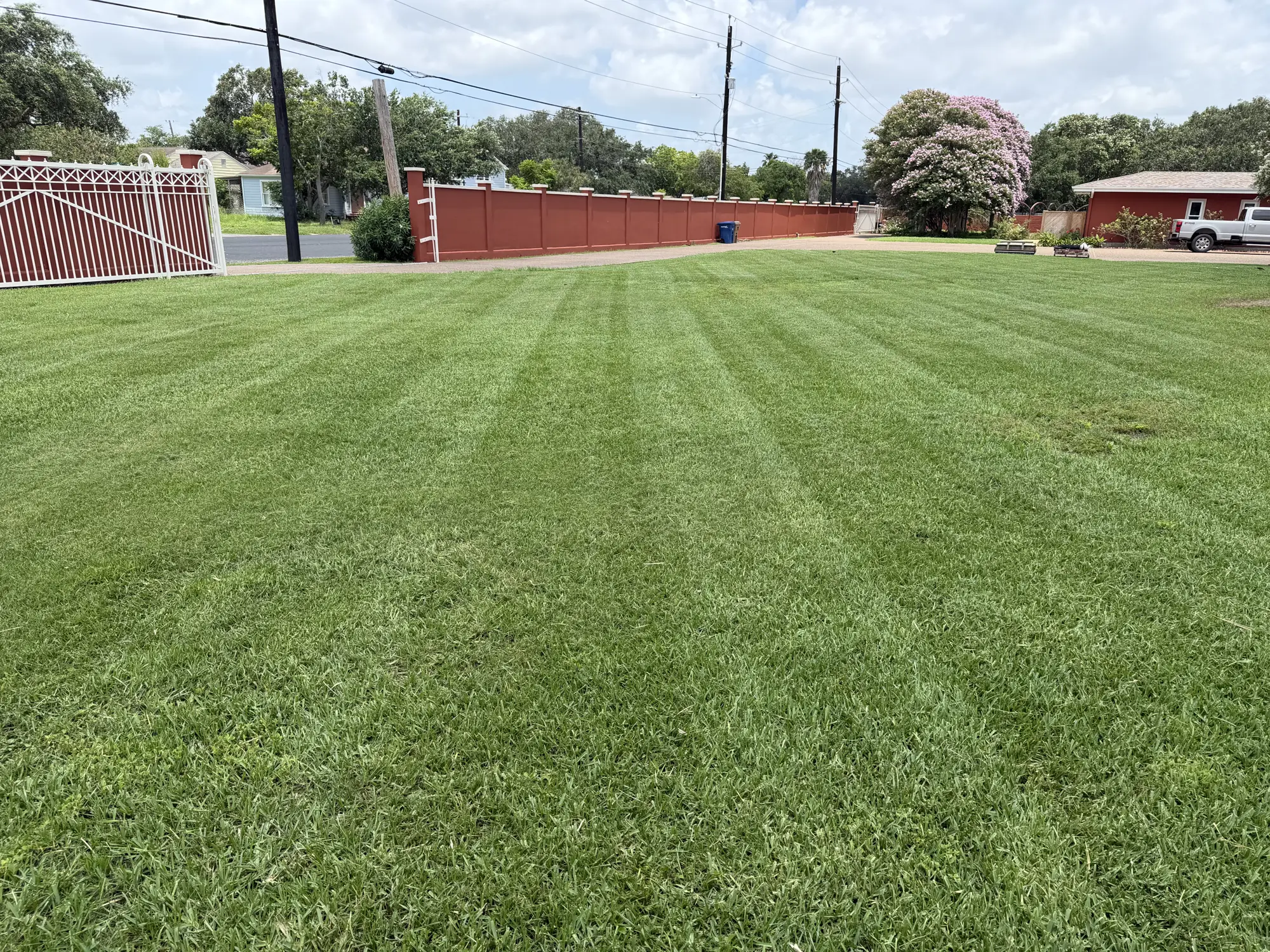 A large open lot mowed into clean stripes beside a red masonry wall